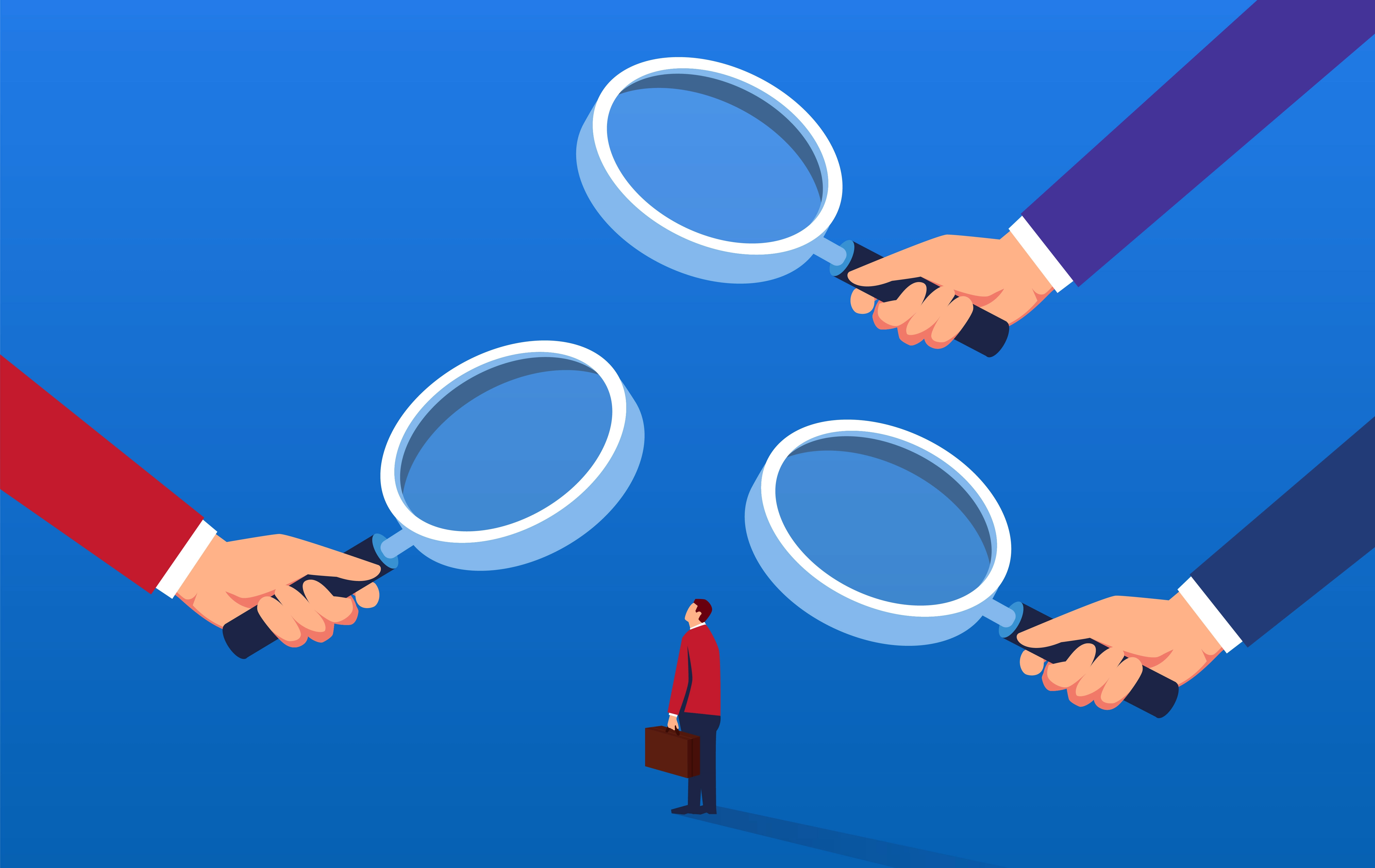 Business people looking at small person under magnifying glasses.