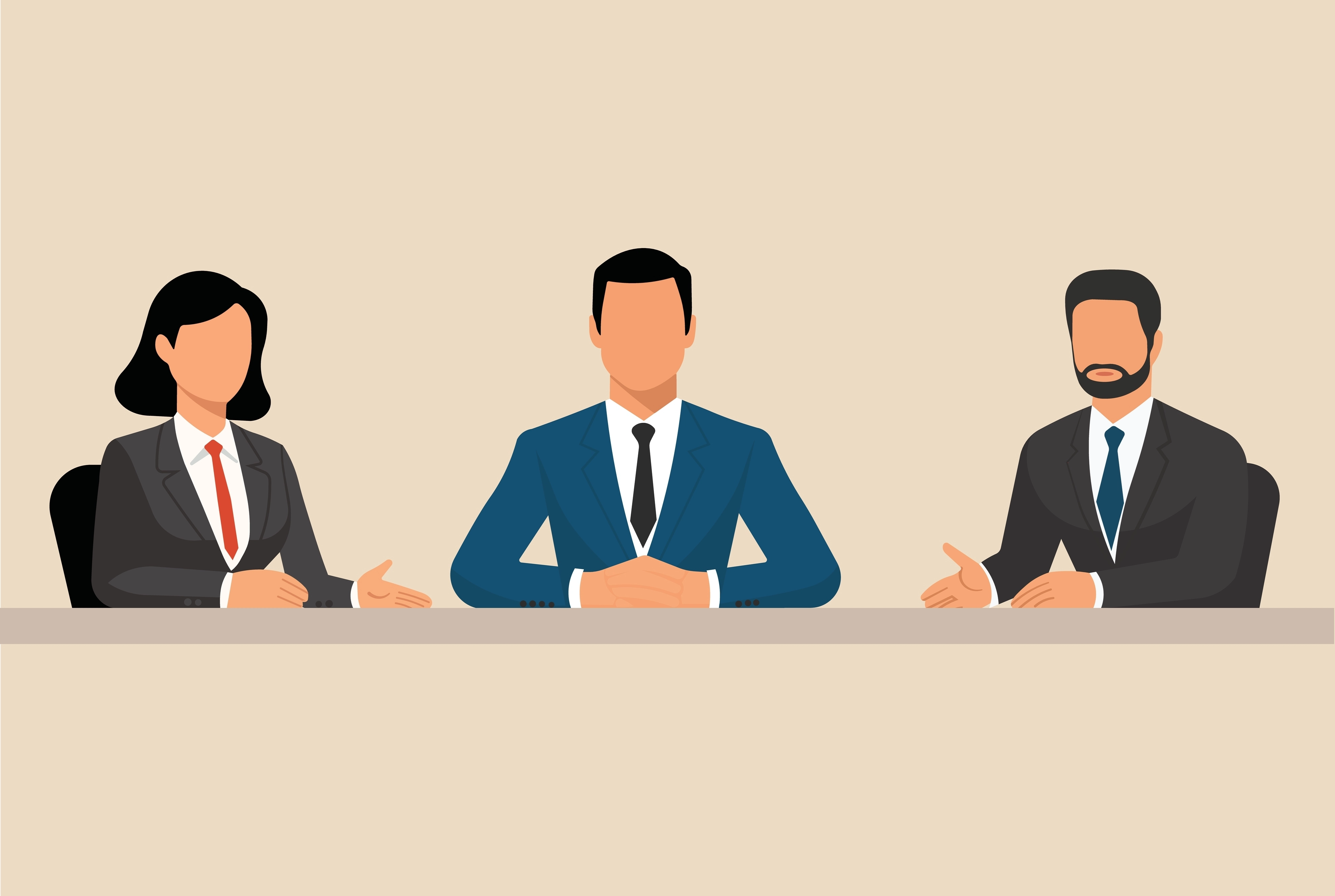 Three animated business characters at a table.